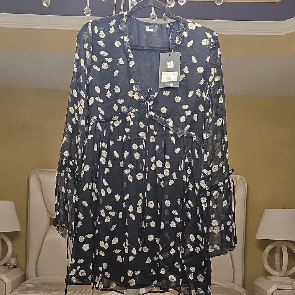 The Kooples Black and White Silk Floral Long Sleeve Dress French Brand See Mesur - Picture 9 of 16